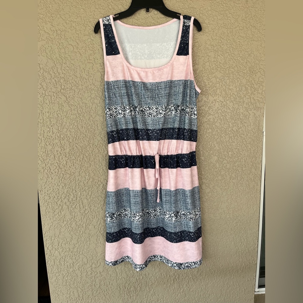 SHEIN Pink and Black Striped Drawstring Midi Dress